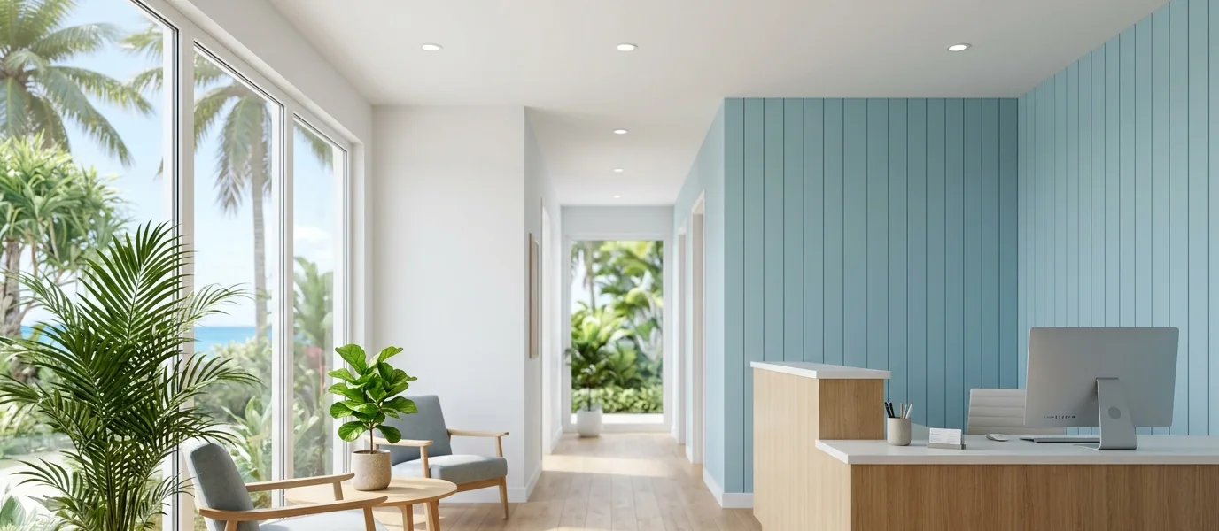 The bright, coastal-inspired reception area at Still Waters Family Healthcare